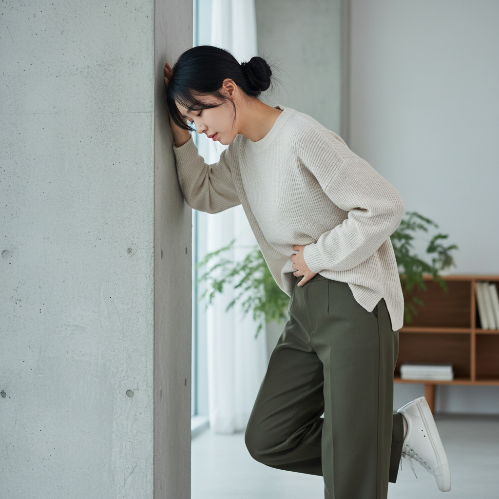 저혈압으로 어지러워하는 한국인 여성이 벽을 짚고 서 있는 장면