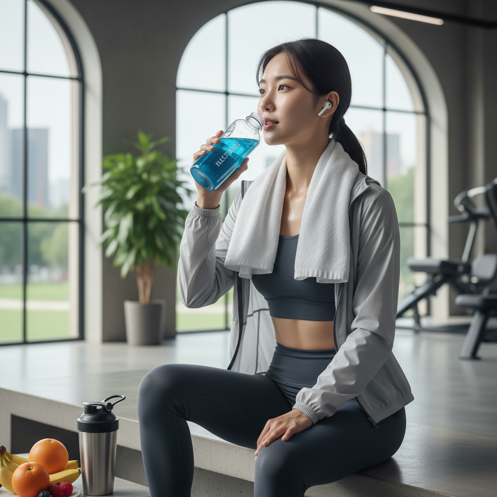 운동 후 물과 함께 전해질 음료를 마시는 한국인 여성의 모습