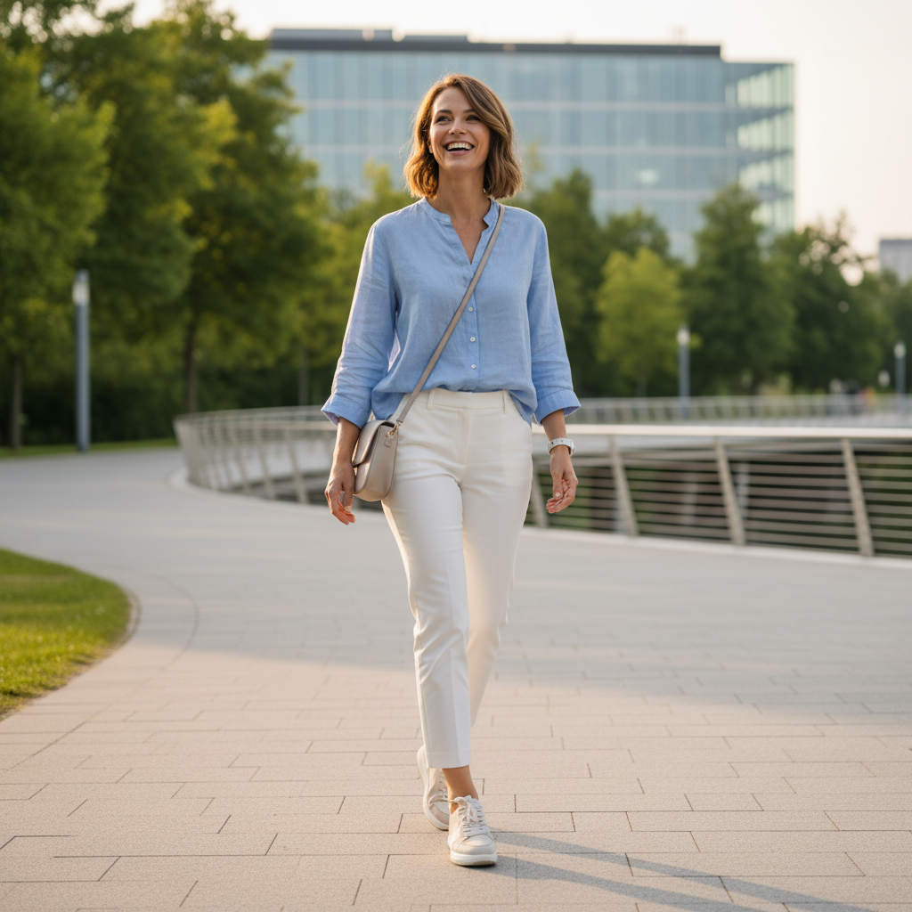 적당한 굽의 편안한 신발을 신고 가볍게 걷는 여성의 모습
