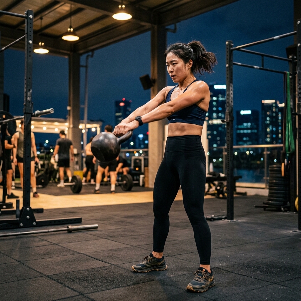 저녁 늦은 시간 고강도 운동하는 장면