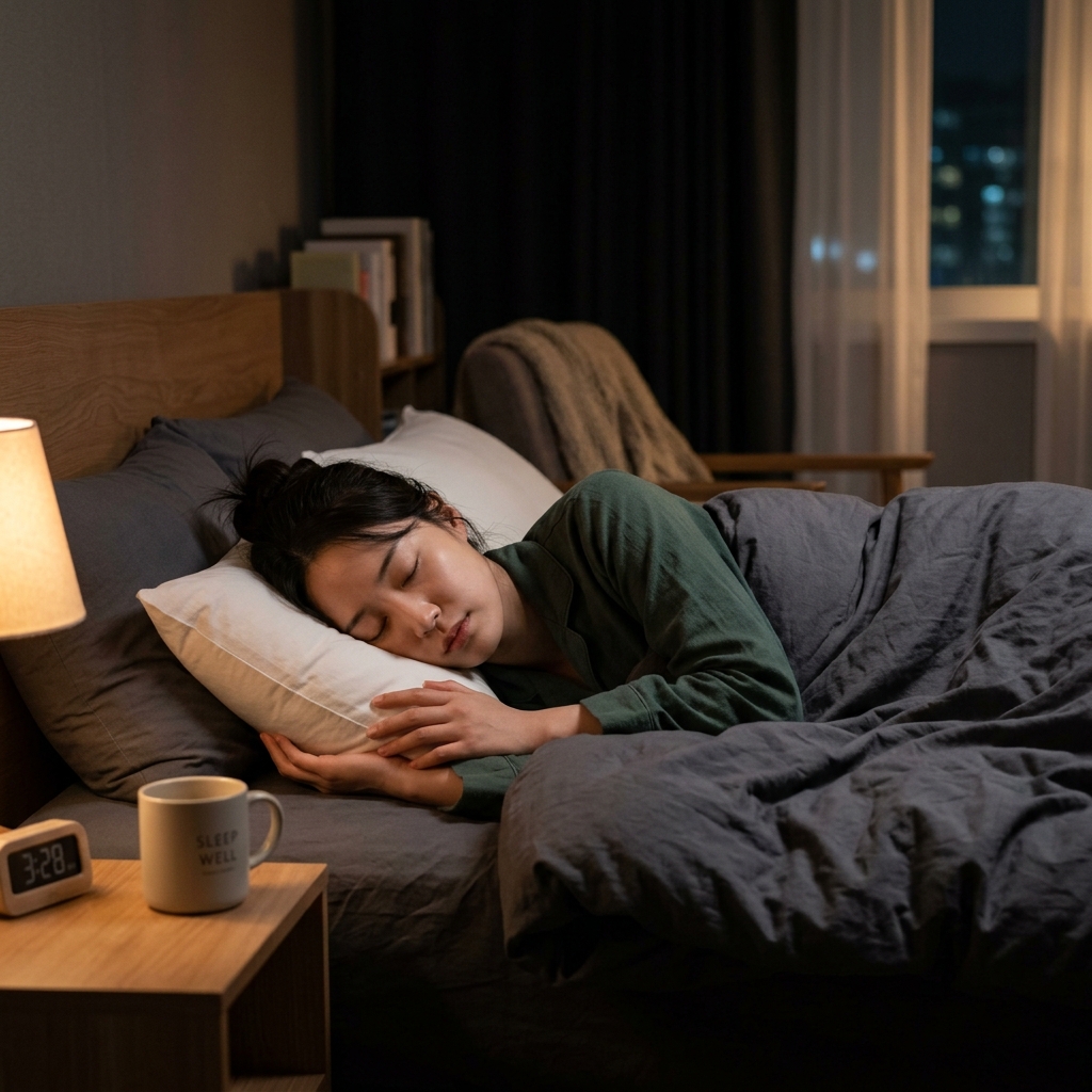 어두운 침실에서 편안하게 잠든 한국인 여성의 모습