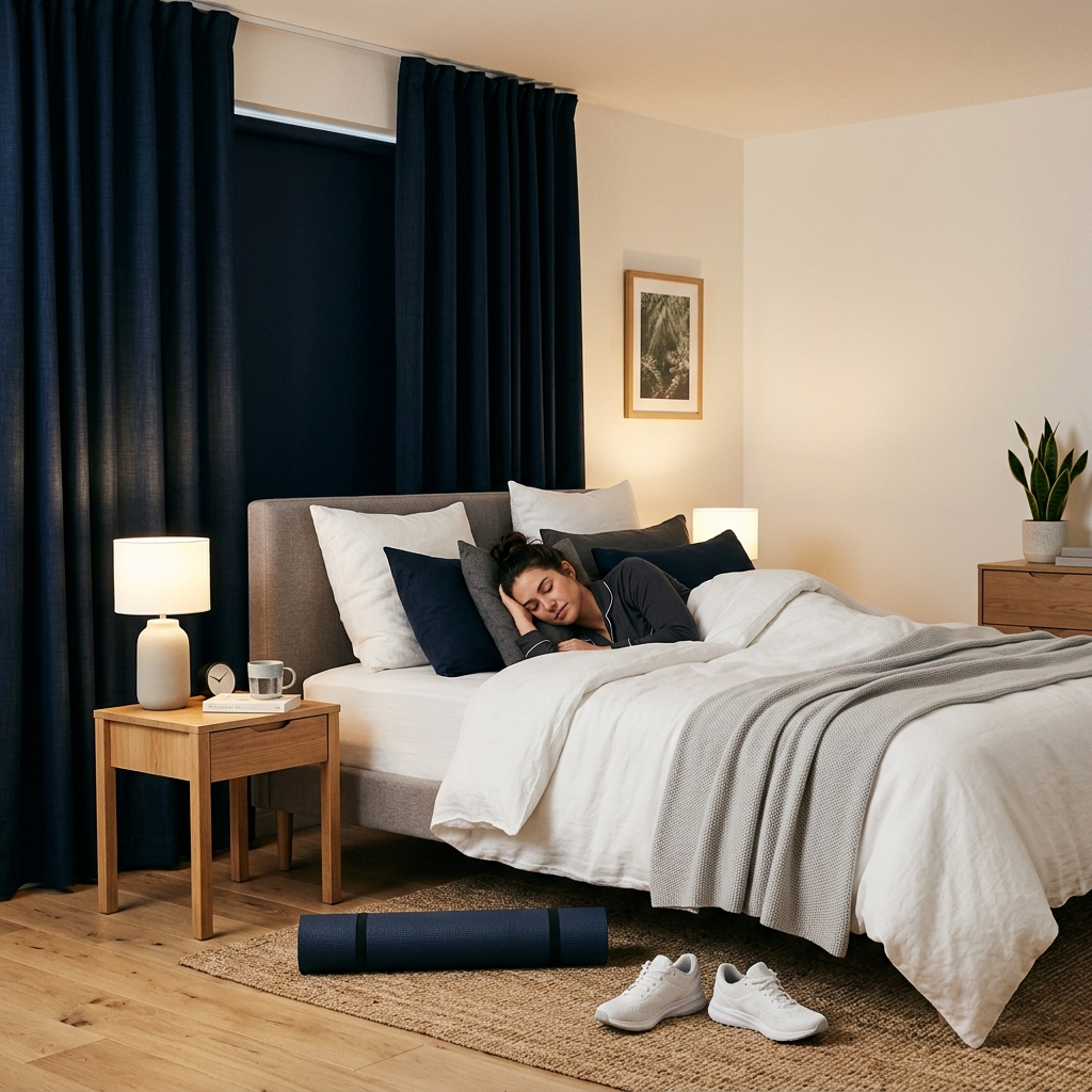 암막 커튼이 설치된 깔끔한 침실 인테리어
