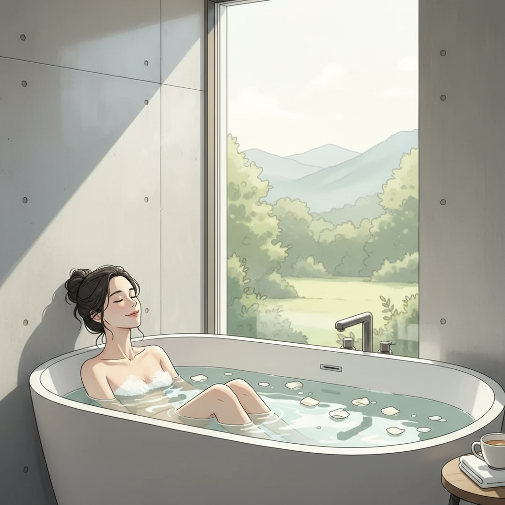 욕조에서 가슴 아래까지만 물에 담근 채 편안히 앉아있는 한국인 여성의 반신욕 장면