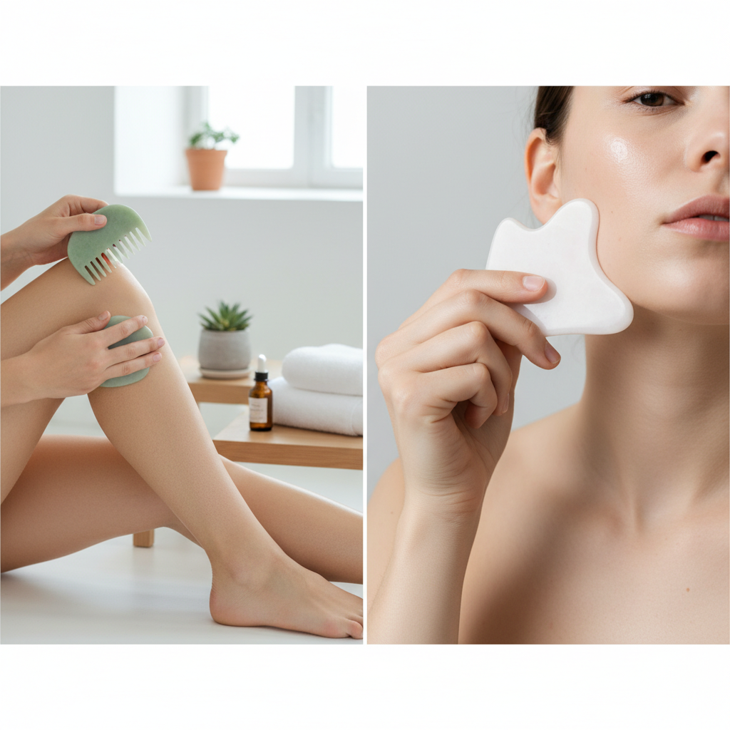 괄사 도구를 이용해 얼굴이나 다리를 마사지하는 장면