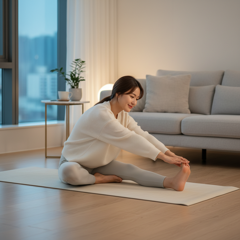 퇴근 후 집에서 편안하게 스트레칭하는 20대 한국인 여성의 모습