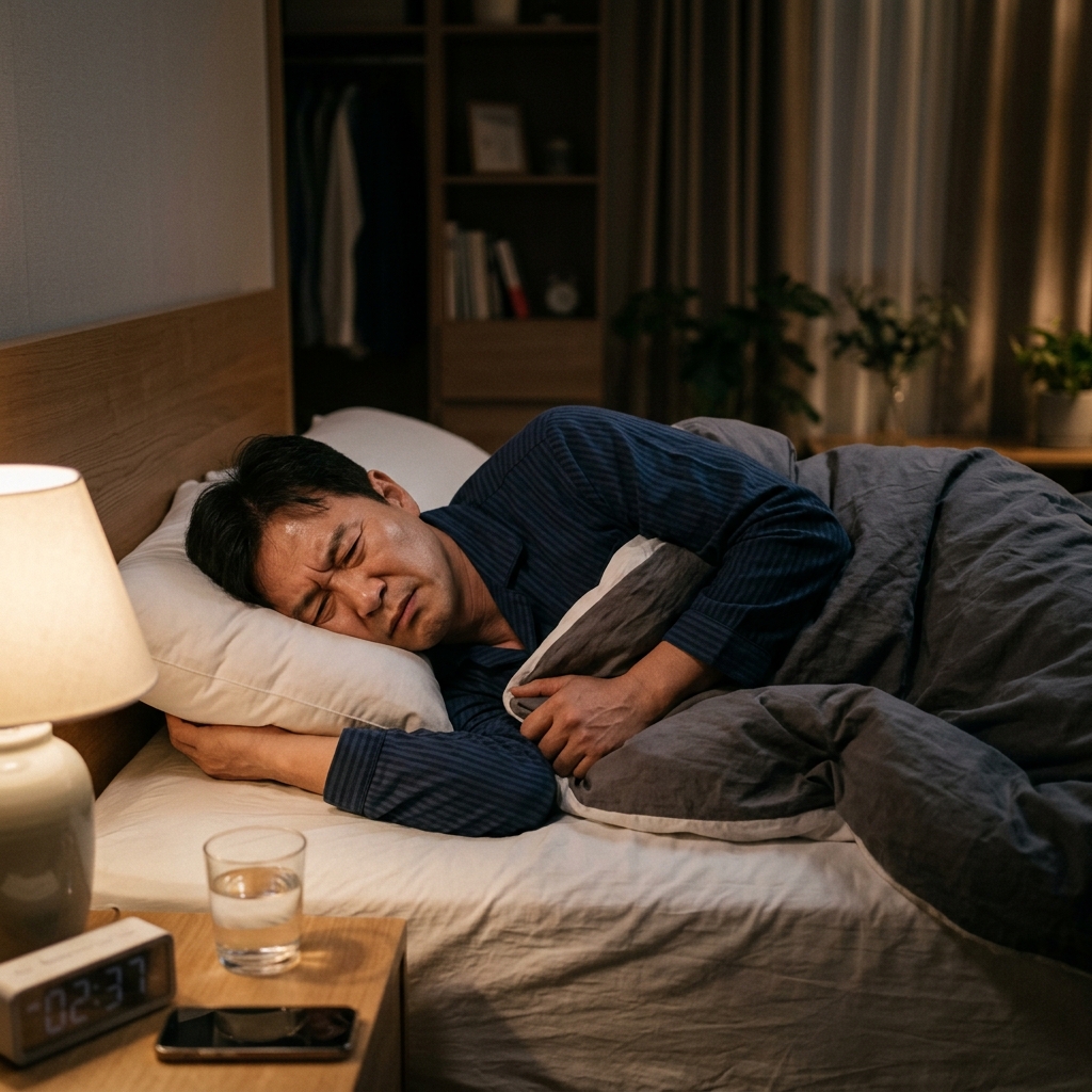 침대에 누워 불편한 표정으로 잠들어 있는 중년 한국인 남성의 자연스러운 야간 장면