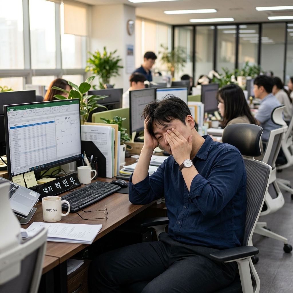 사무실 책상에서 피곤한 표情으로 눈을 비비는 한국인 직장인의 낮 시간 장면