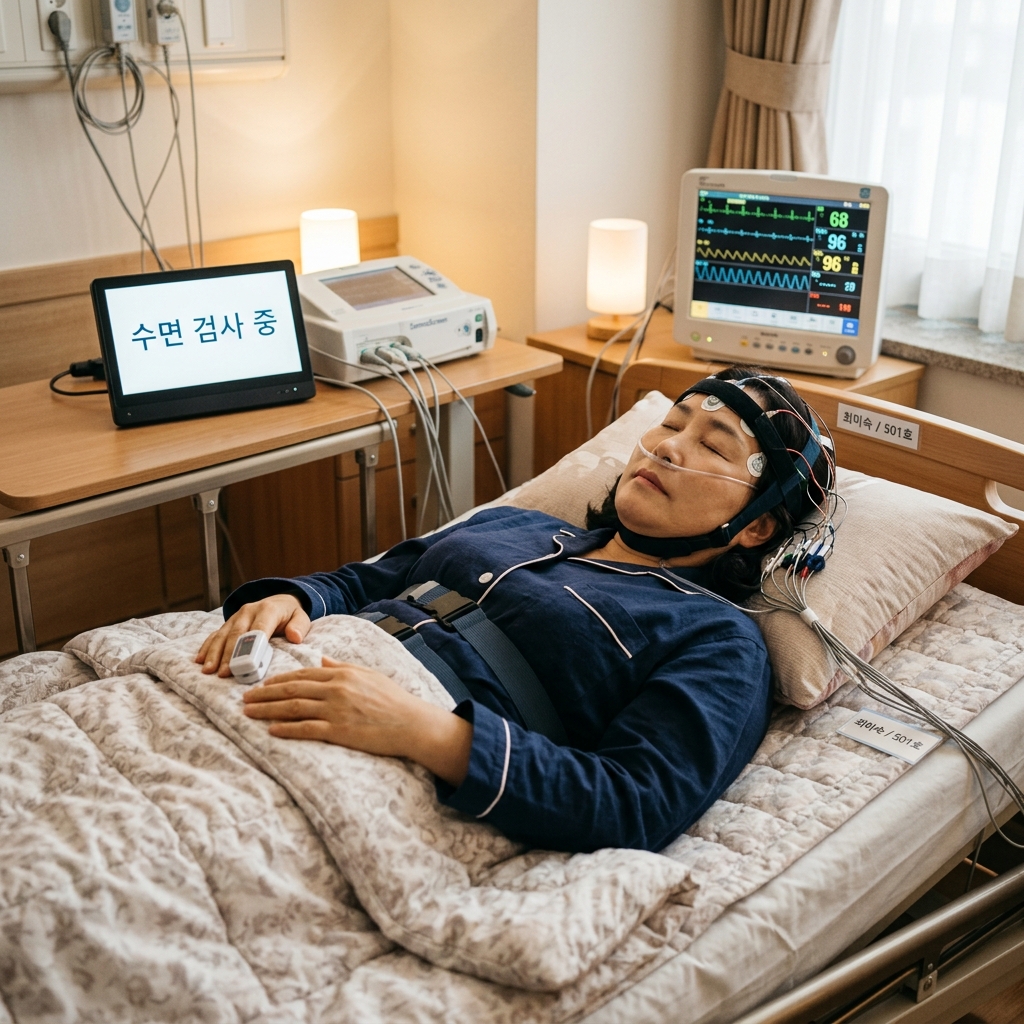 수면 검사 장비를 착용하고 편안하게 누워있는 한국인 환자의 병원 검사실 장면