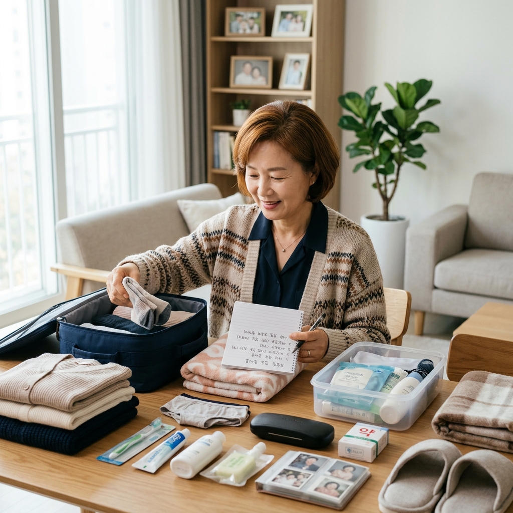 요양원 입소 준비물을 정리하는 중장년 여성의 모습