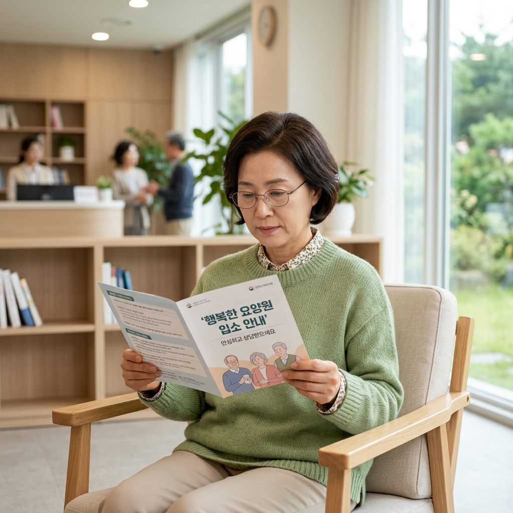 요양원 입소 안내 책자를 읽고 있는 보호자