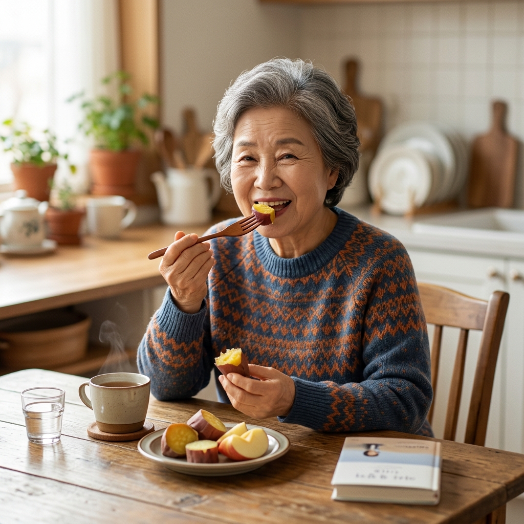 어르신이 간식을 드시는 자연스러운 장면