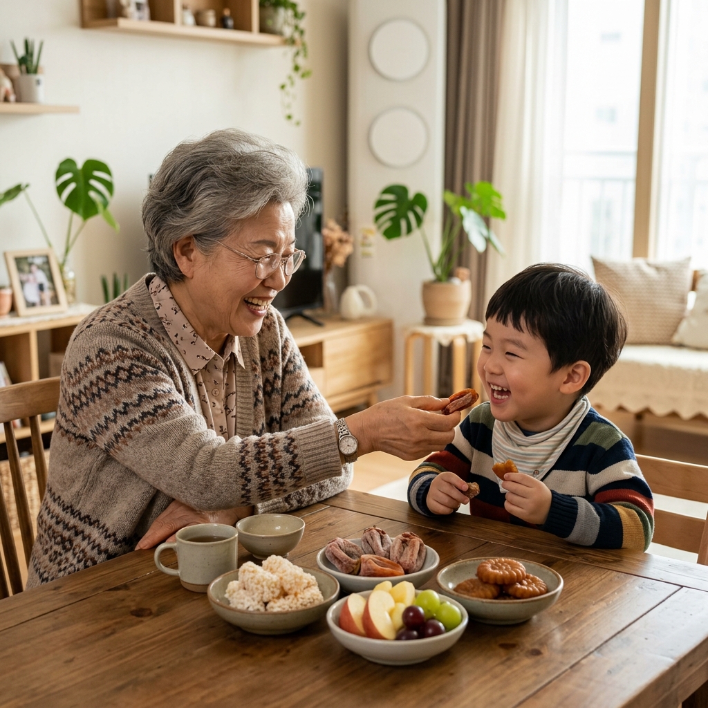 어르신과 손주가 함께 간식을 나누는 따뜻한 장면