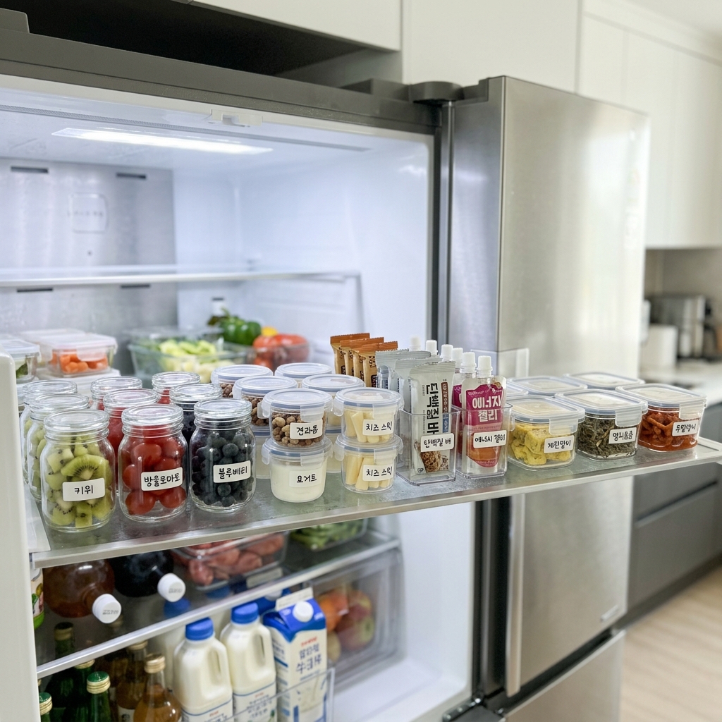 소분된 간식들이 정돈된 냉장고 선반