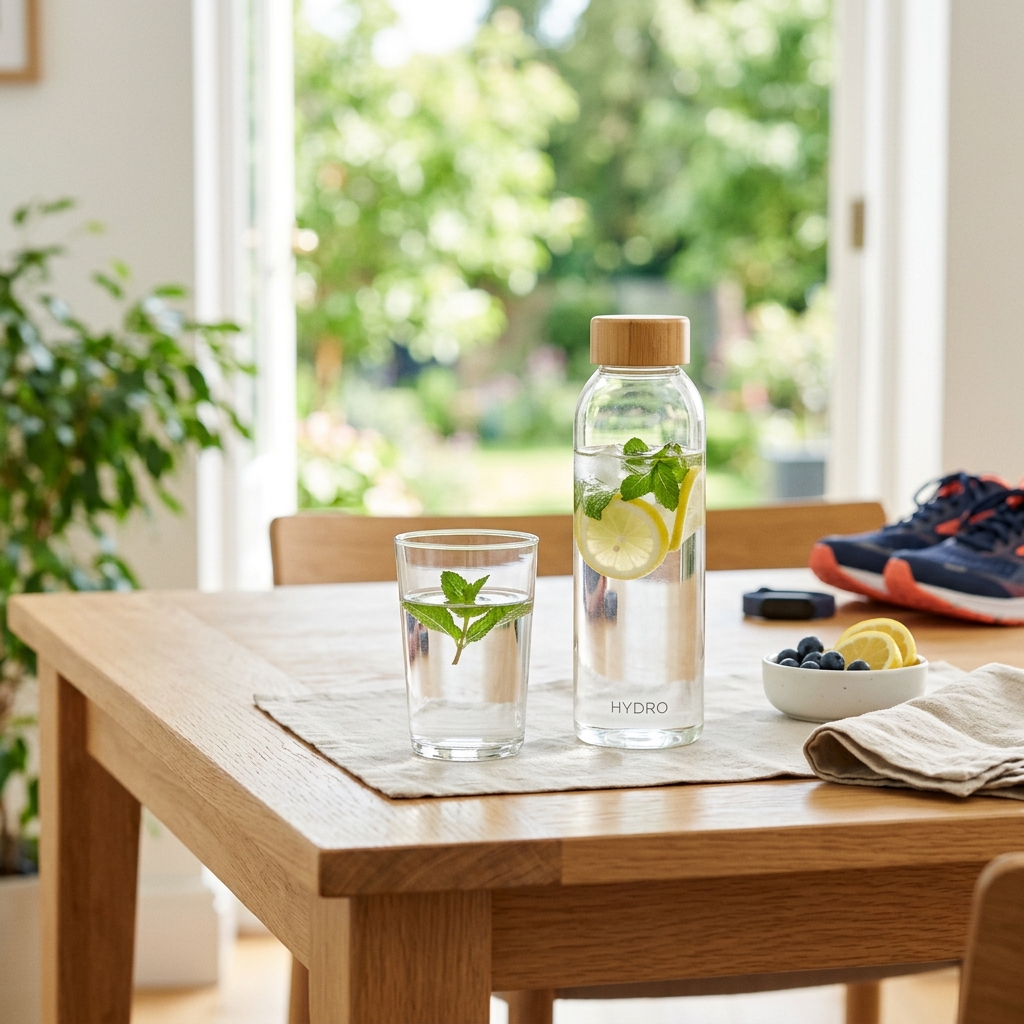투명한 물병과 유리잔이 놓인 깔끔한 테이블
