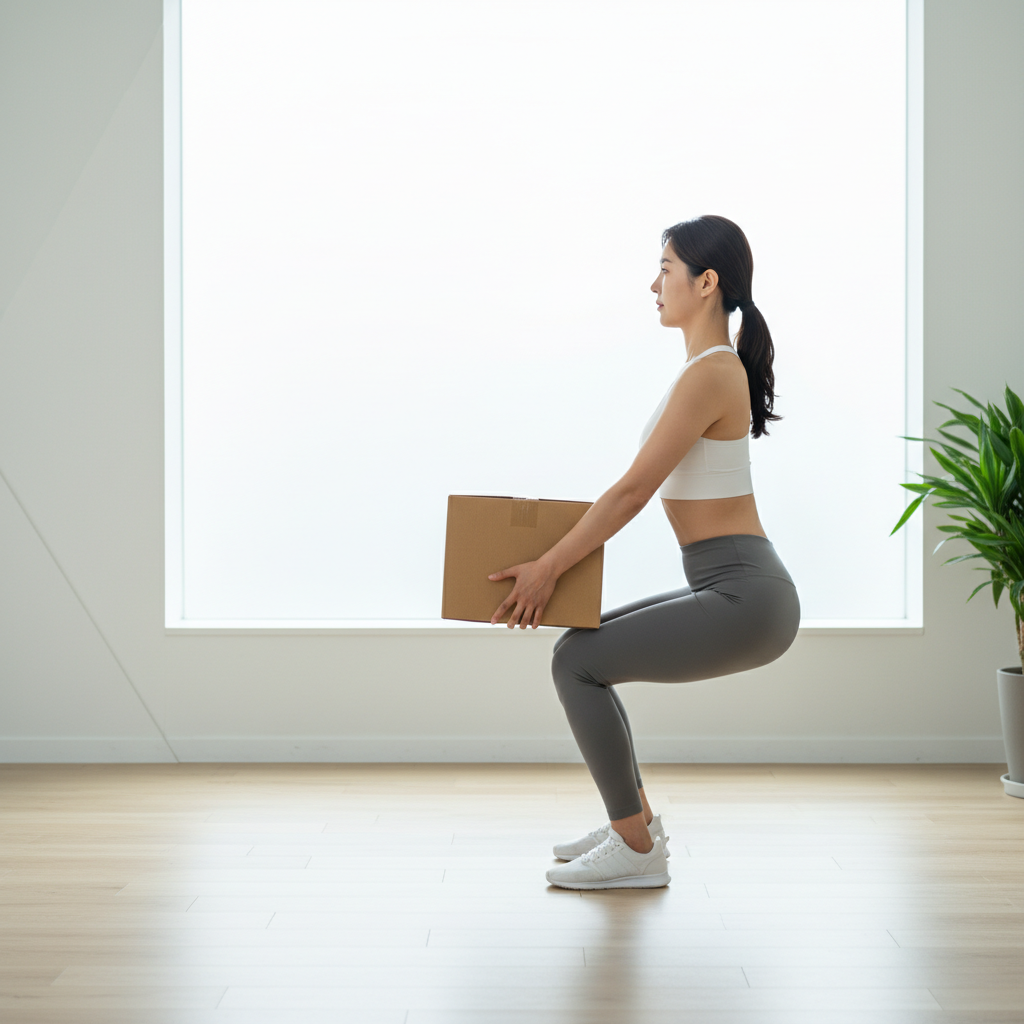 무릎을 구부리고 바른 자세로 물건을 드는 한국인의 측면 모습