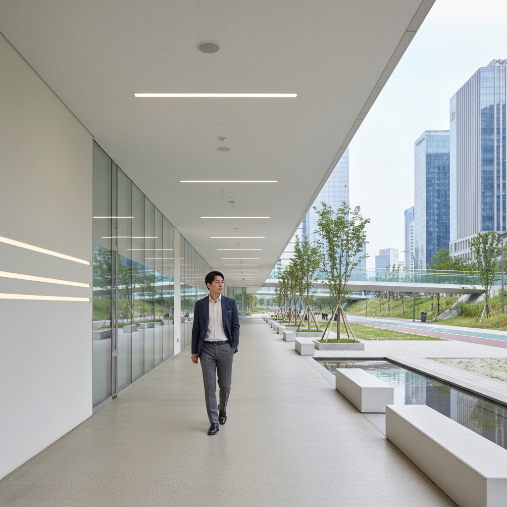 실내 복도나 야외 직선 구간을 걷고 있는 한국인 성인