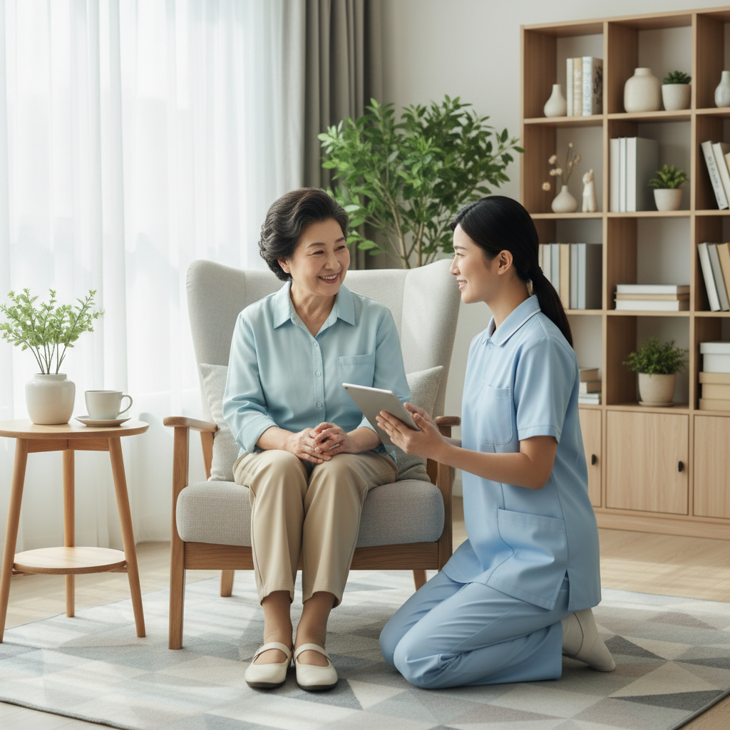 고령자가 자택 거실에서 방문 간호사와 대화하는 장면
