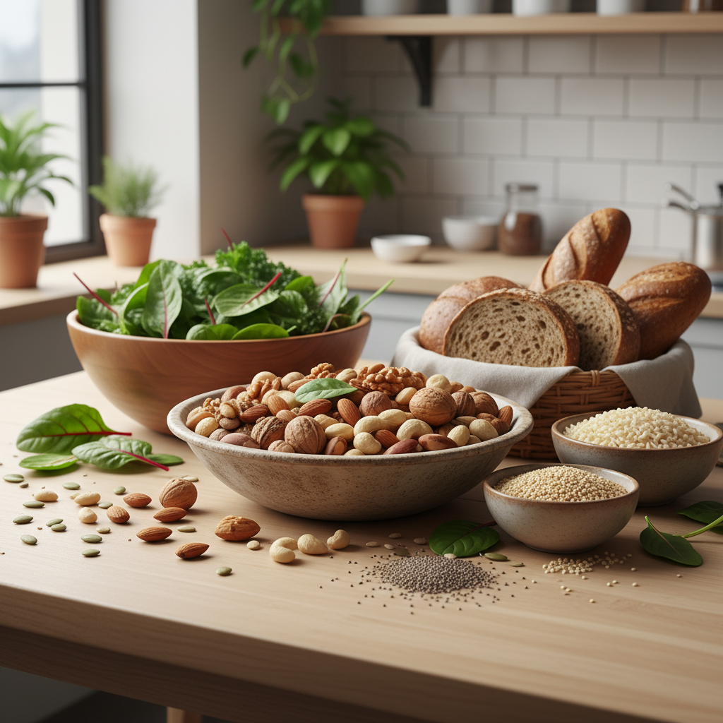 견과류, 잎채소, 통곡물 등 마그네슘이 풍부한 식품들이 나무 테이블 위에 놓여 있는 모습