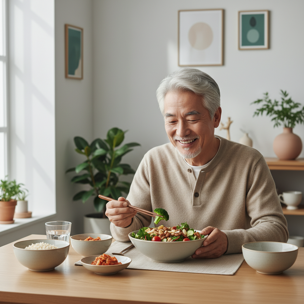 한국인 시니어가 식탁에서 견과류와 채소가 포함된 식사를 하고 있는 장면