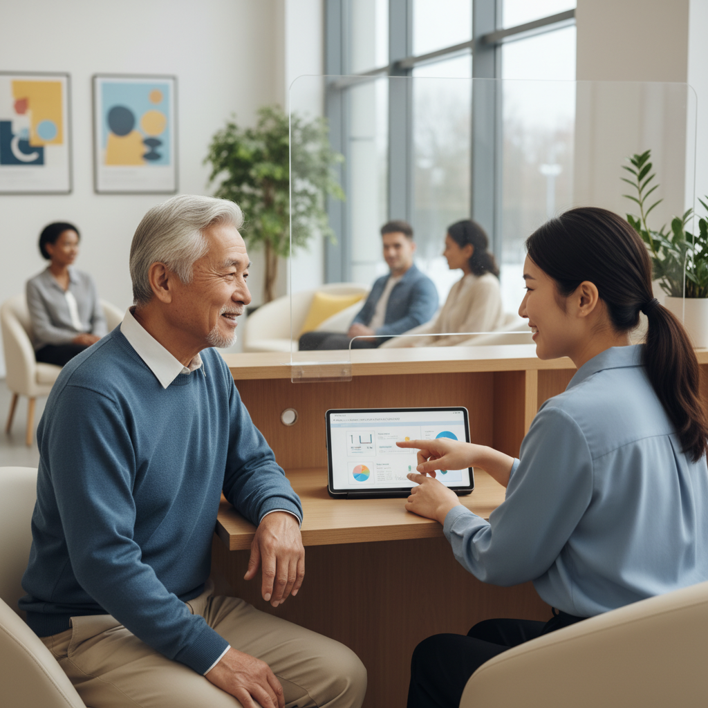 주민센터 복지 상담 창구에서 안내받는 노인의 모습