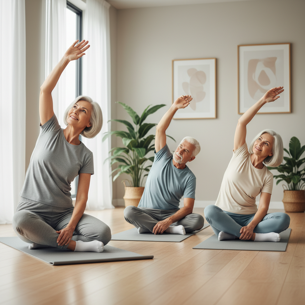 실버세대가 실내에서 가벼운 스트레칭을 하는 장면