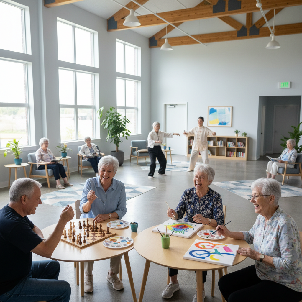 노인 여러 명이 복지관에서 함께 활동하는 장면