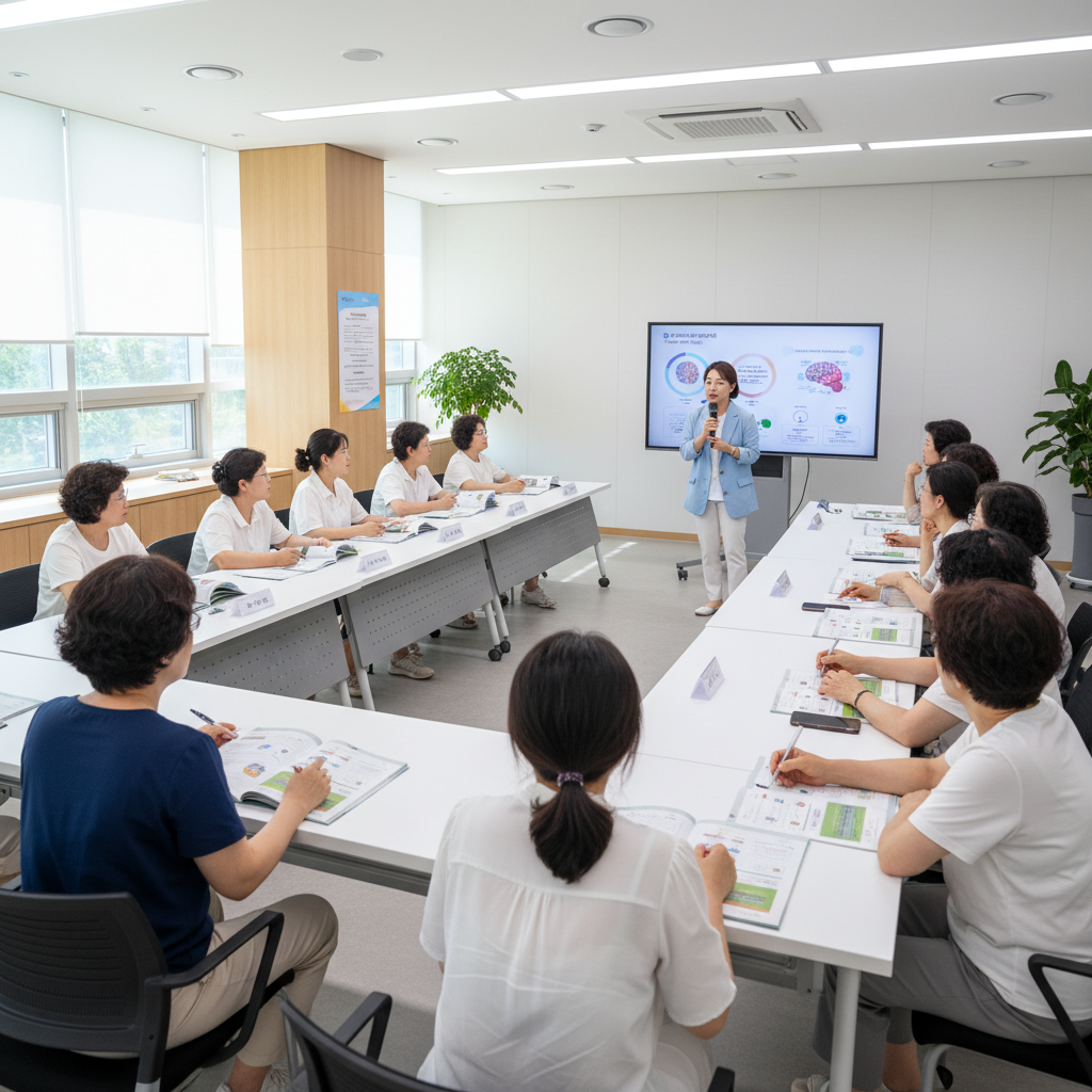 치매안심센터에서 진행하는 치매 파트너 교육 현장, 지역 주민들이 자료를 보며 설명을 듣는 모습