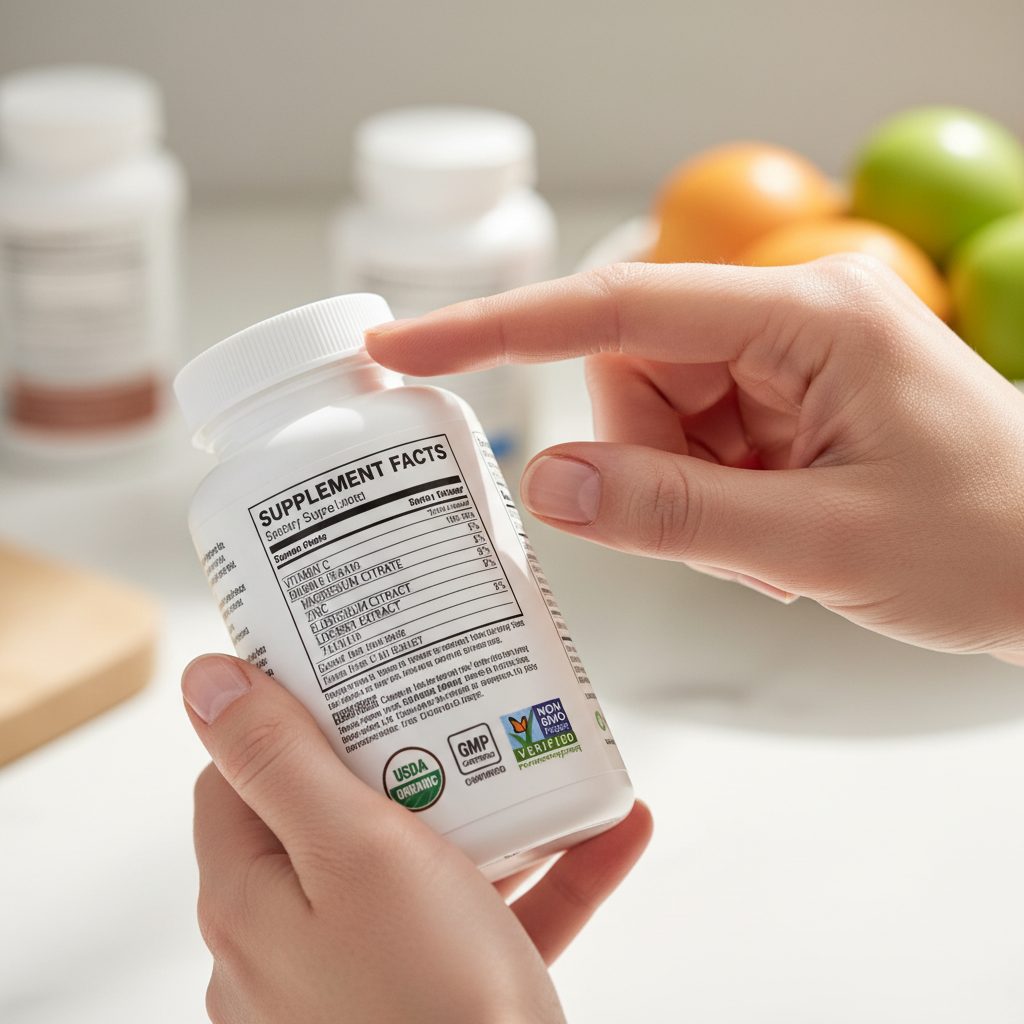 영양제 제품 라벨에서 성분과 인증 마크를 확인하는 손