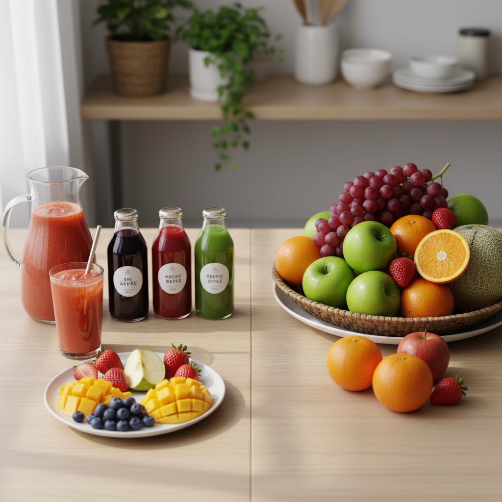 과일 주스와 생과일을 비교하는 식탁 위 장면
