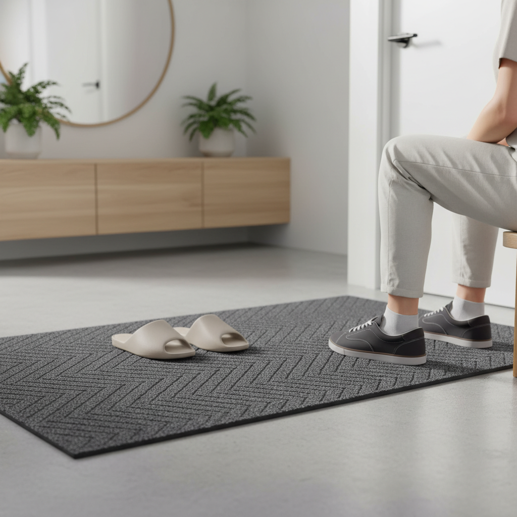 현관 입구에 흡수 매트를 깔고 실내화로 갈아신는 모습