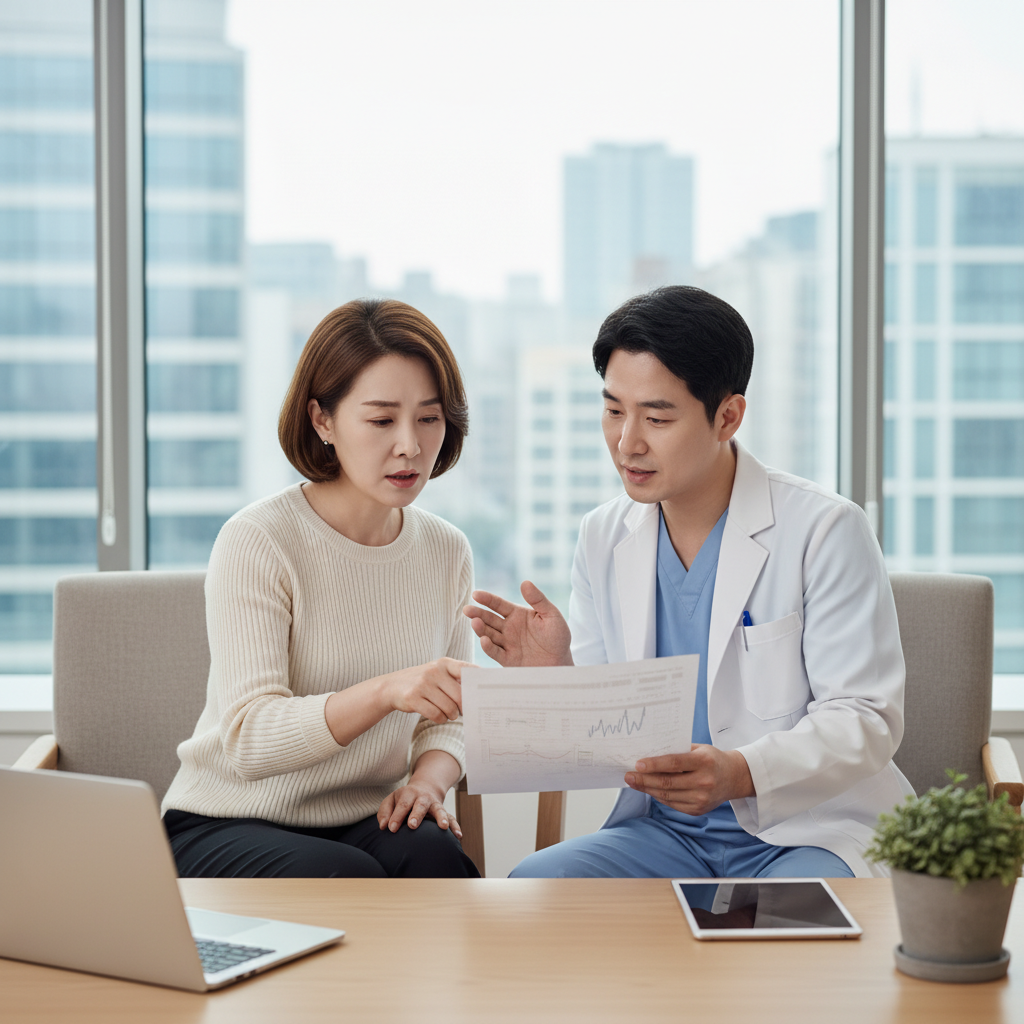 병원 진료실에서 한국인 중년 여성이 의사와 함께 골밀도 검사 결과지를 확인하는 현실적인 장면