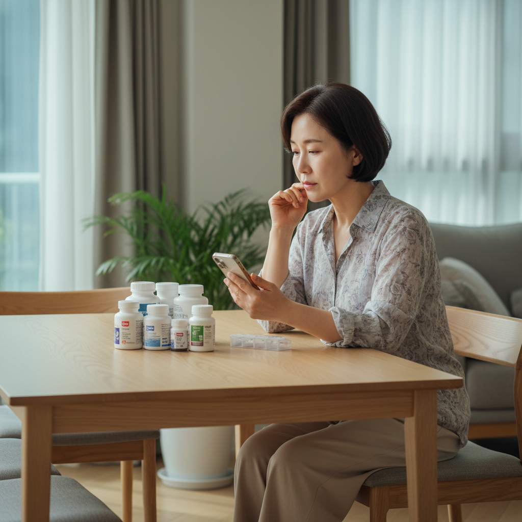 한국인 중장년 여성이 집 거실 식탁에서 약과 영양제 용기를 확인하며 복용 시간을 체크하는 현실적인 생활 장면