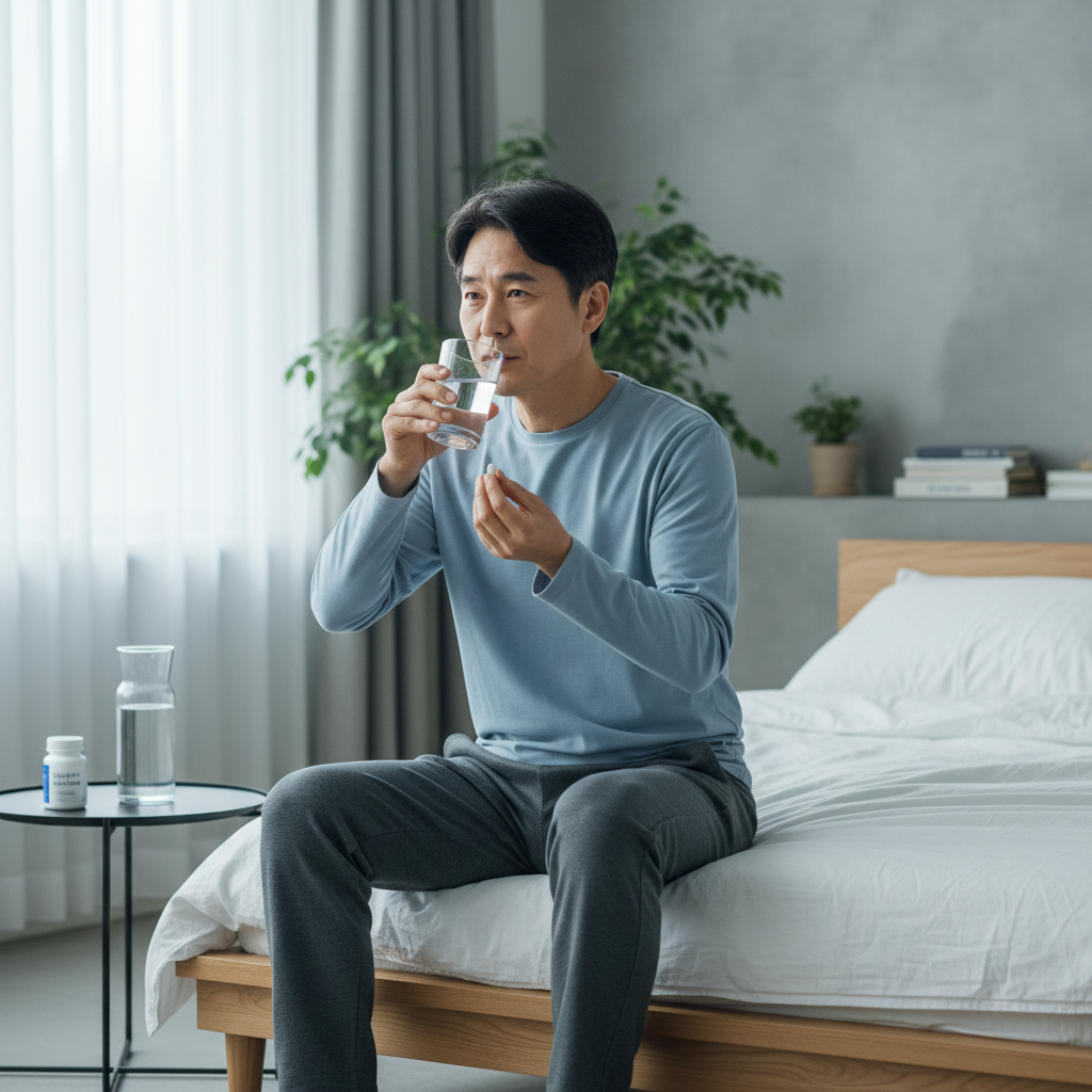 한국인 중장년 남성이 침대에서 일어나 물 한 컵을 들고 골다공증 약을 복용하는 아침 일상 장면