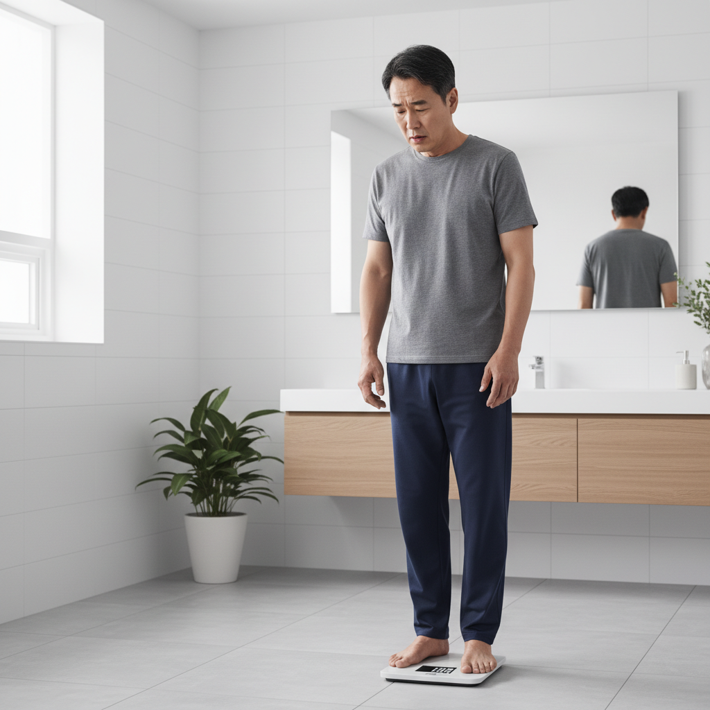 체중계 위에 올라선 한국인 중장년 남성이 걱정스러운 표정으로 몸무게를 확인하는 현실적인 생활 장면