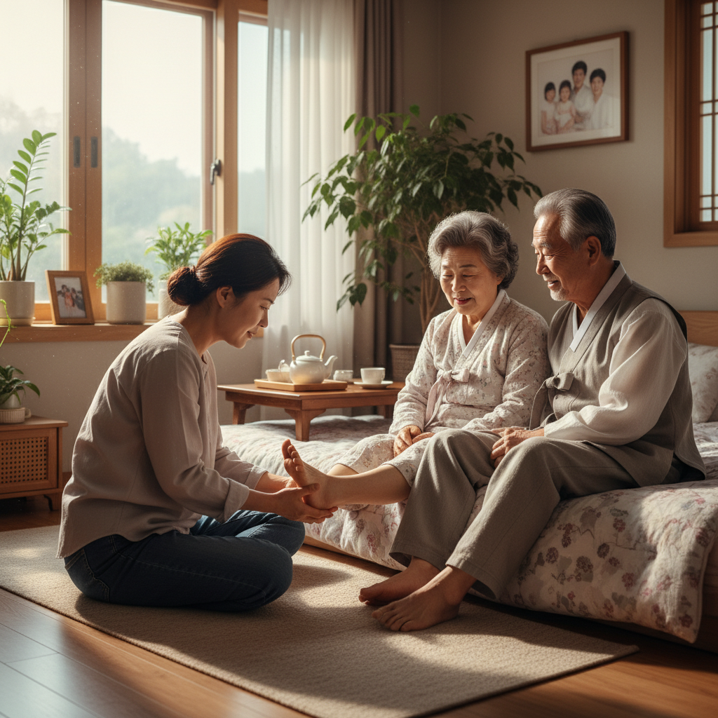 한국인 중년 여성이 집 침실에서 부모님의 발을 꼼꼼히 살피고 있는 현실적인 장면, 자연광 아래 따뜻한 분위기