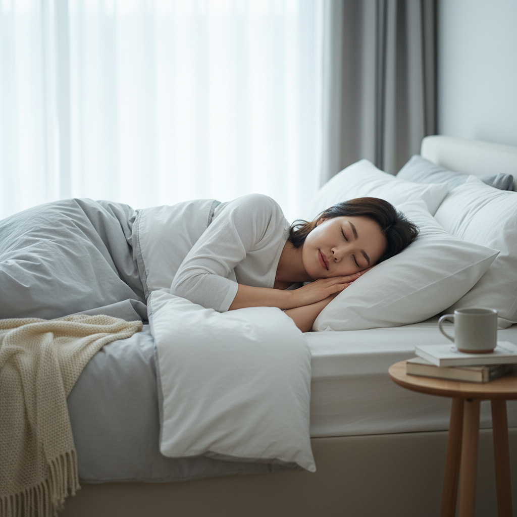 침대에서 깊은 수면을 취하고 있는 한국인 성인의 자연스러운 모습