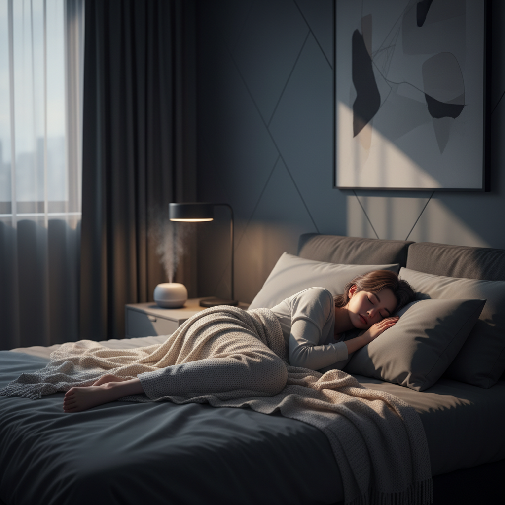 어두운 침실에서 편안하게 옆으로 누워 자는 한국인의 현실적인 수면 장면