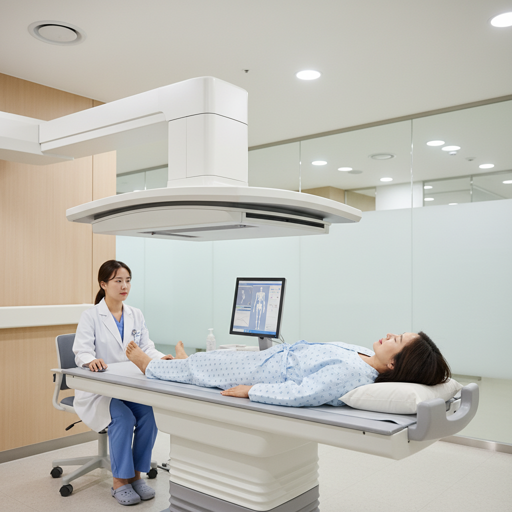 병원 검사실에서 한국인 중년 여성이 골밀도 검사를 받고 있는 현실적인 장면
