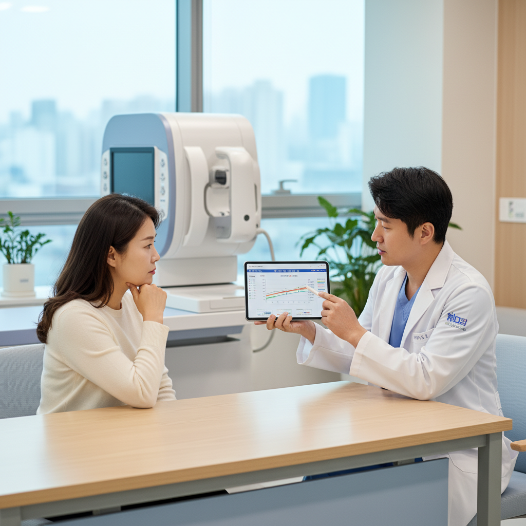 병원 진료실에서 한국인 의사가 환자에게 골밀도 검사 결과를 설명하는 장면