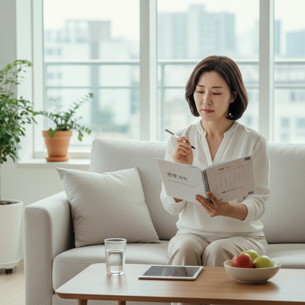 한국인 중년 여성이 집 거실에서 건강 노트를 펼쳐보며 생활 습관을 점검하는 자연스러운 장면