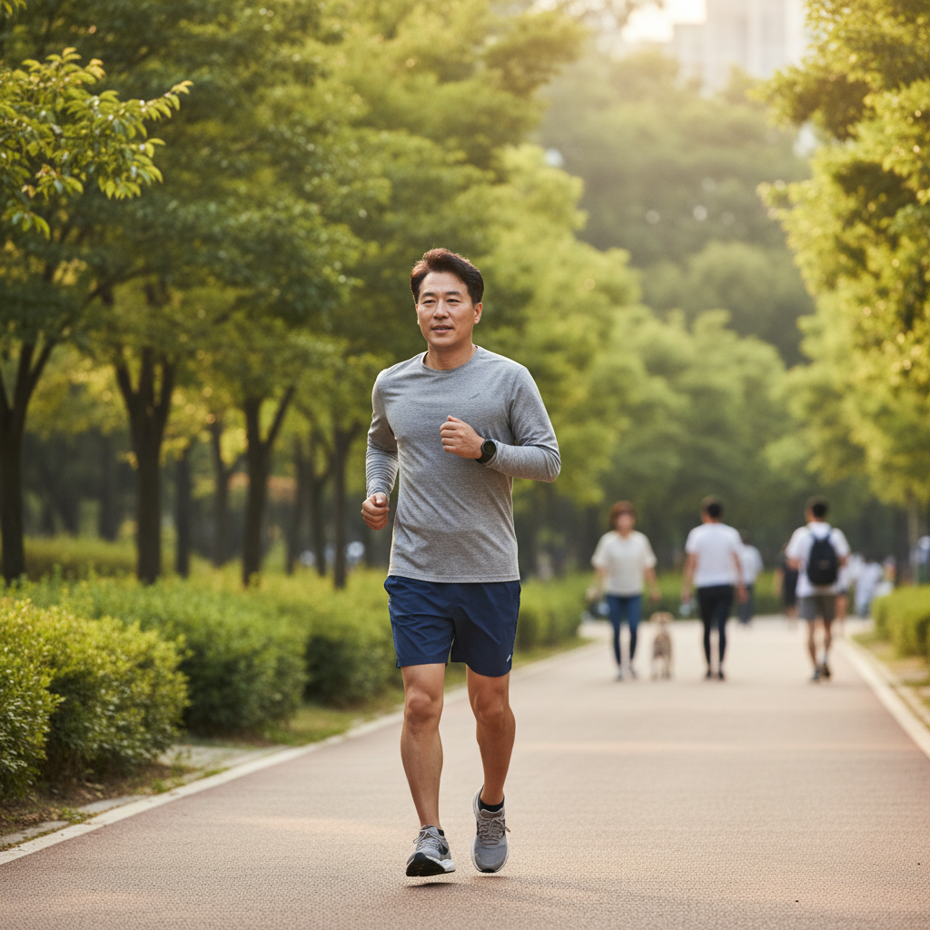 공원에서 한국인 중년 남성이 가벼운 조깅을 하는 일상적인 운동 장면