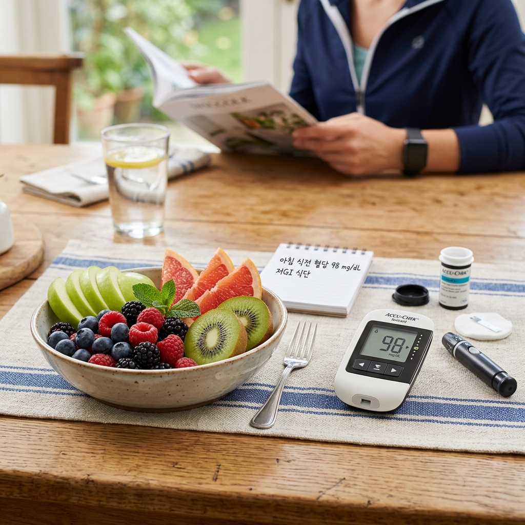 저GI 과일을 담은 접시와 혈당 측정기가 놓인 테이블