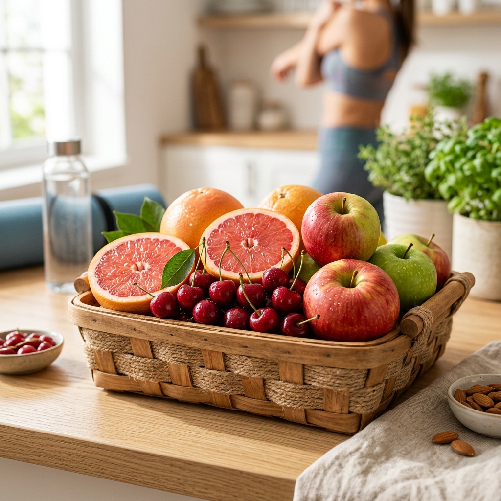 신선한 체리, 자몽, 사과가 담긴 과일 바구니