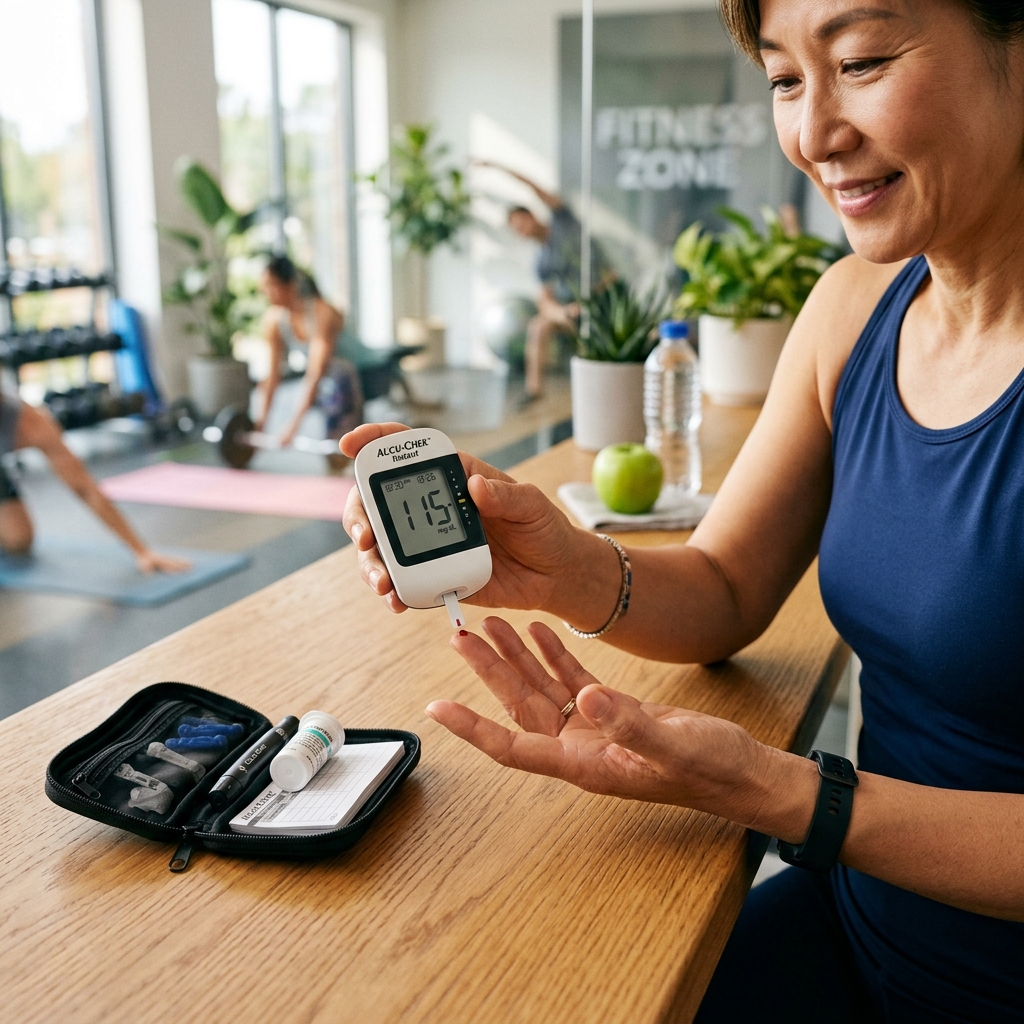 혈당 측정 중인 중년 여성의 손