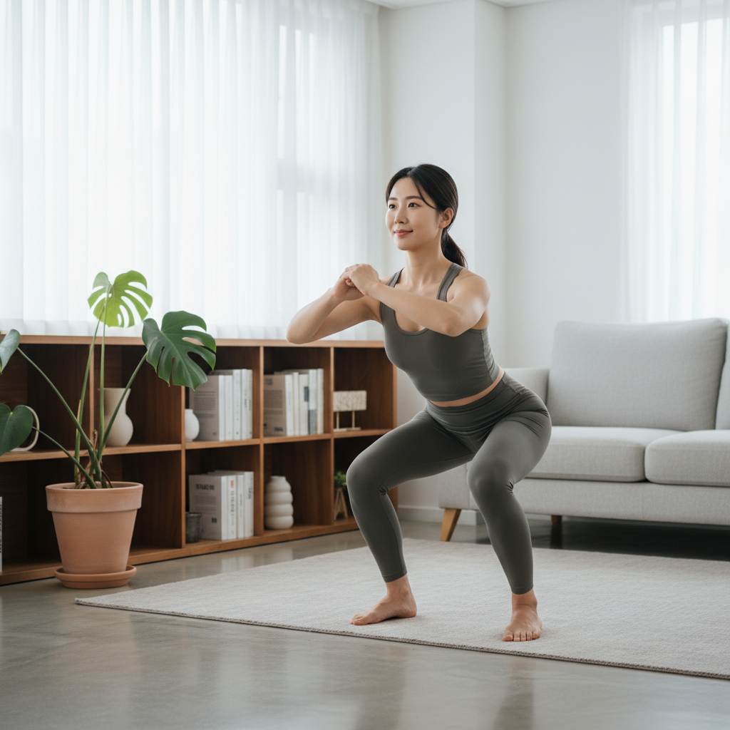 집 거실에서 한국인 여성이 맨몸 스쿼트 자세를 취하고 있는 자연스러운 생활 장면