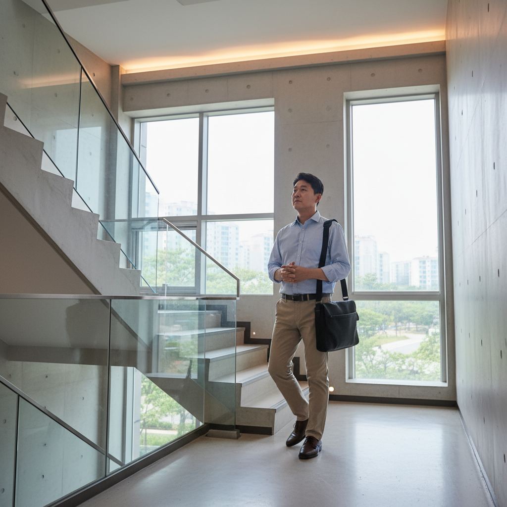 아파트 계단을 천천히 오르는 한국인 중년 남성의 현실적인 일상 장면