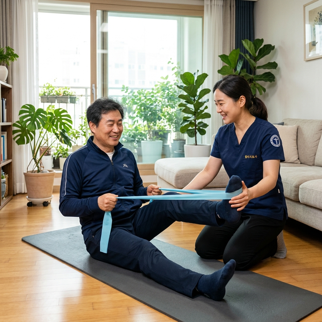 집에서 물리치료사에게 재활 운동 지도를 받는 중년 환자