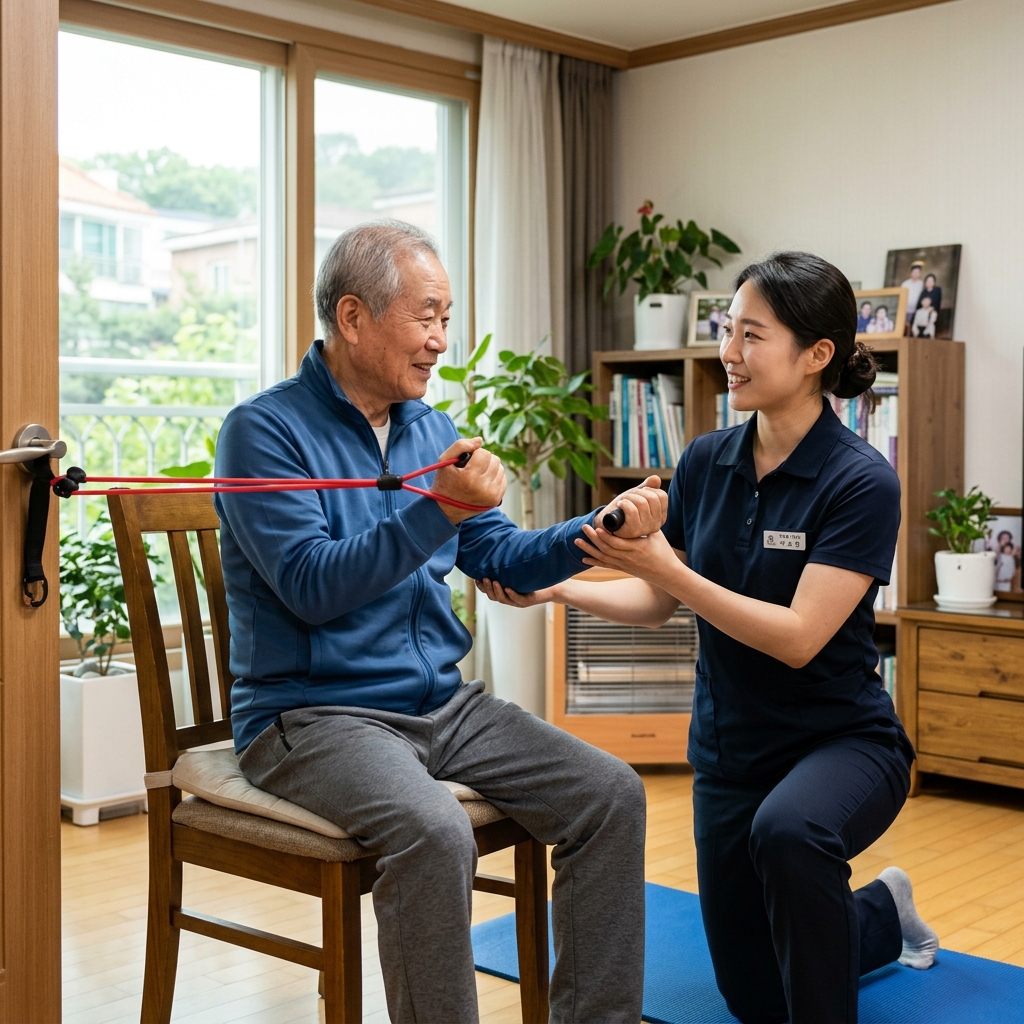 방문 재활 치료사가 환자의 근력 회복 운동을 돕는 장면