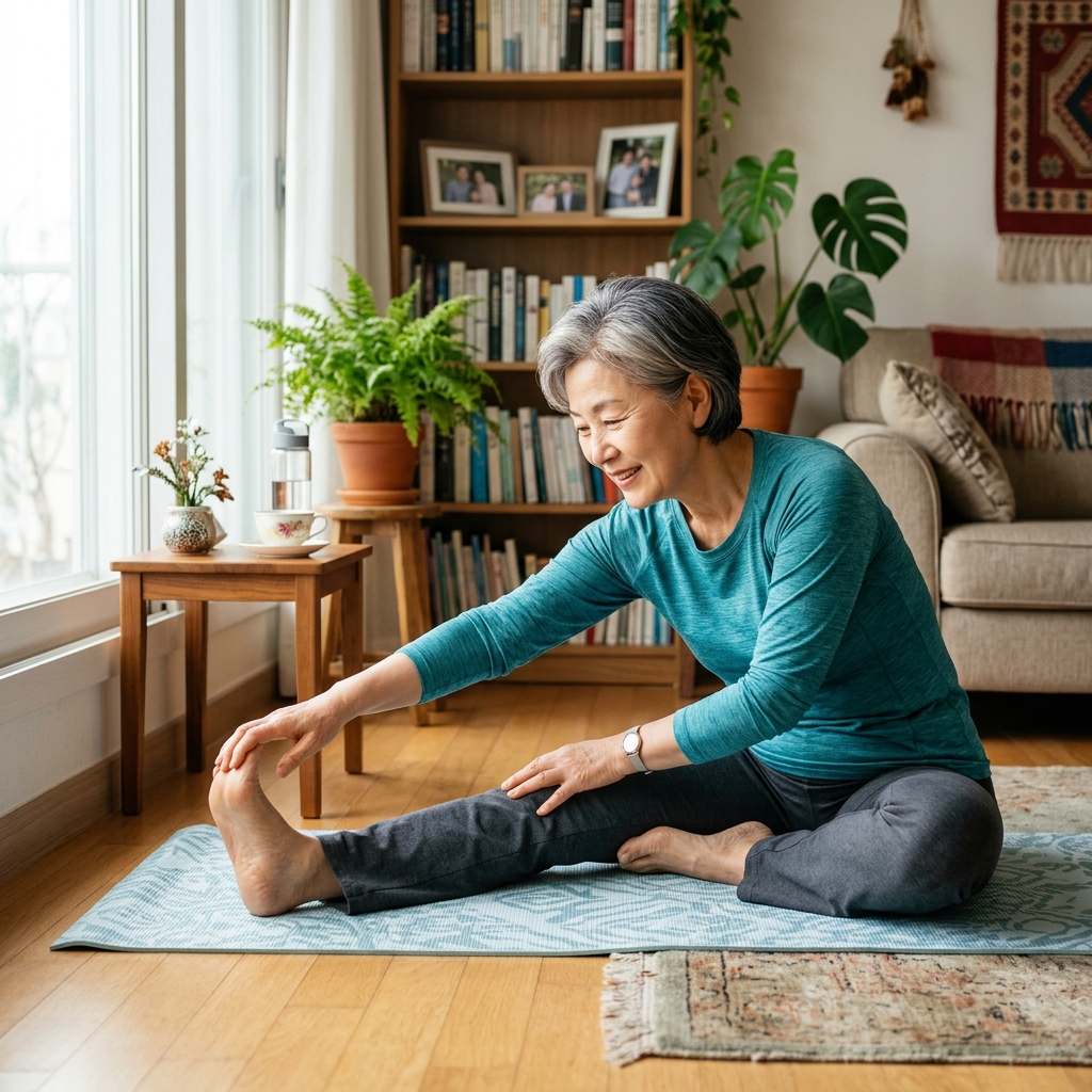 집에서 간단한 스트레칭 운동을 하는 시니어