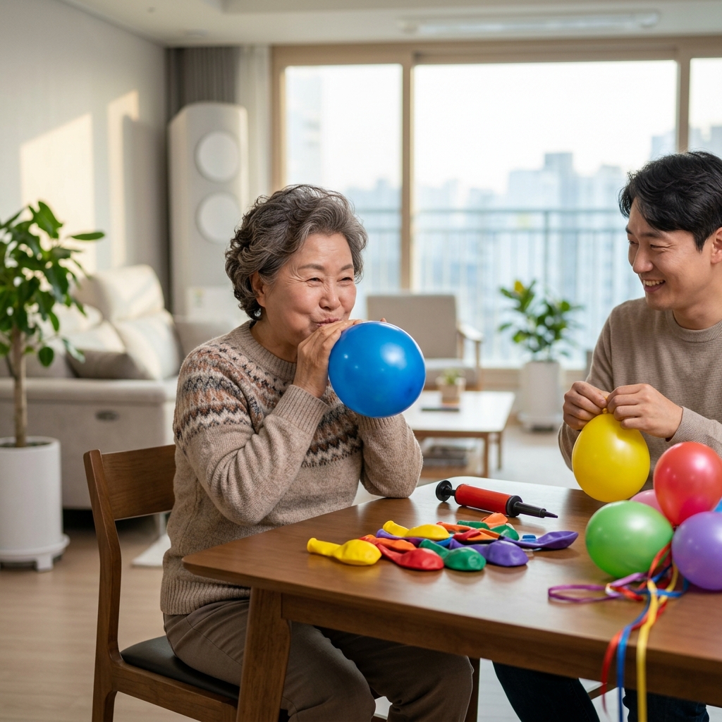 실버 세대가 집에서 풍선을 부는 모습